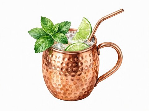 Moscow mule cocktail in hammered copper mug with mint leaves, lime slice and copper straw. Watercolor illustration on white background. Cold summer drink. Bar menu and cocktail party concept