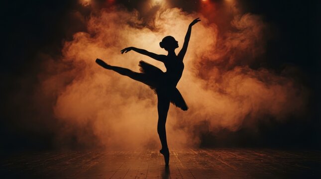 Ballerina silhouette dancing gracefully on a stage with warm lighting and smoke