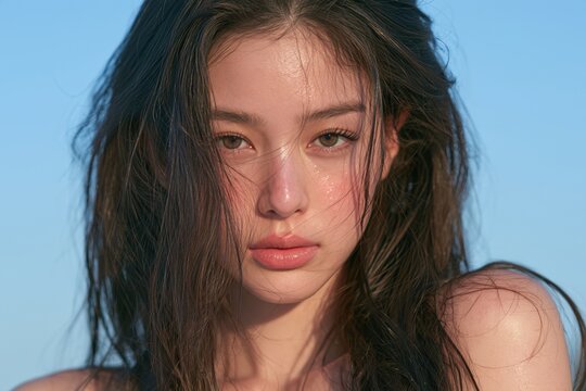 Young woman with wet hair looking at camera, sunny outdoor background, summer portrait