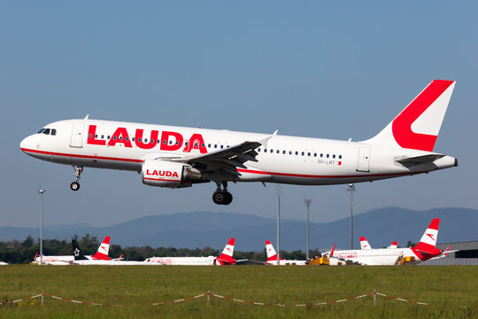 Lauda Airbus A320 (9H-LMT) landing at Vienna International Airport on May 2, 2025 in Vienna, Austria