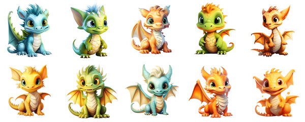Obraz premium Collection of adorable baby dragons in various colors and poses on a black background