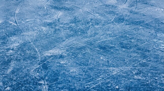Blue ice rink surface texture with skate marks and scratches