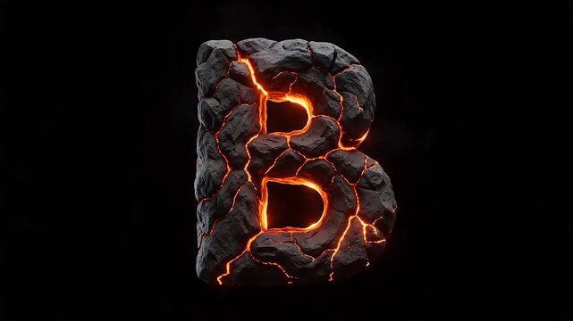 Capital letter B sculpted from volcanic rock with glowing magma cracks. Bold sans serif typography for modern design.
