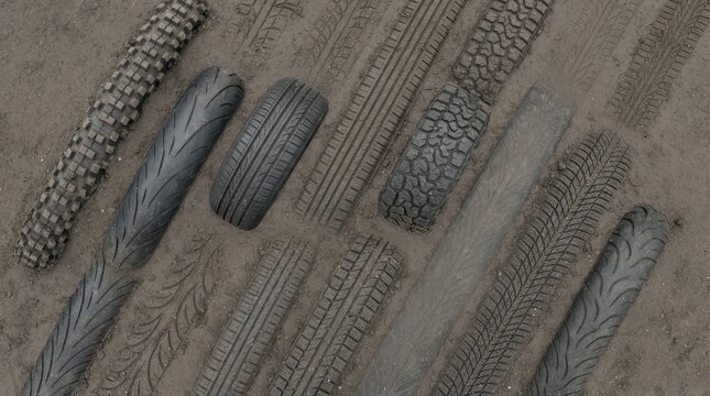 Various tire treads and patterns pressed into dirt ground