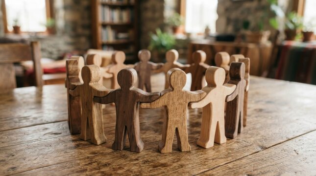 Wooden figures holding hands in a circle on a wooden table