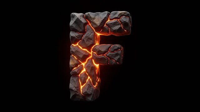 Capital letter F built from basalt rock with glowing lava cracks. Modern sans serif typography for bold advertising design.
