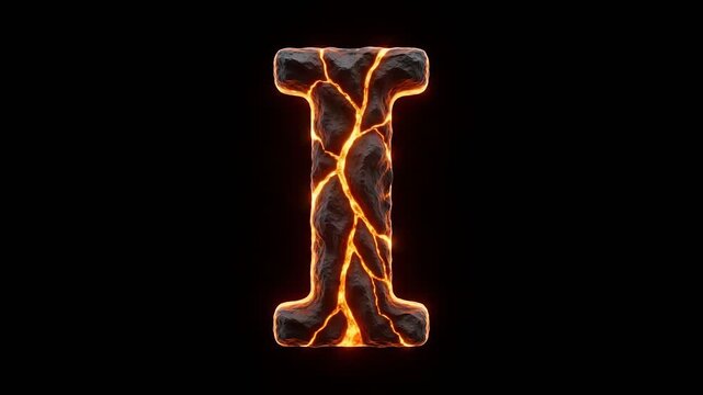Capital letter I sculpted from volcanic rock with glowing lava cracks. Minimalist sans serif typography for modern design.
