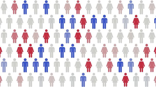 Smooth fades tint gray person icons red for women and blue for men in wave-like patterns as the rows drift downward on white, in a seamless 4K loop.