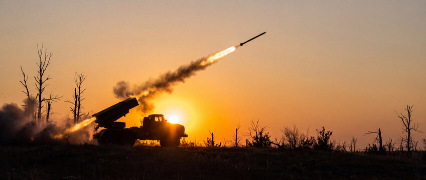 Multiple rocket launcher firing a missile during sunset, showcasing military conflict and destruction against an orange sky