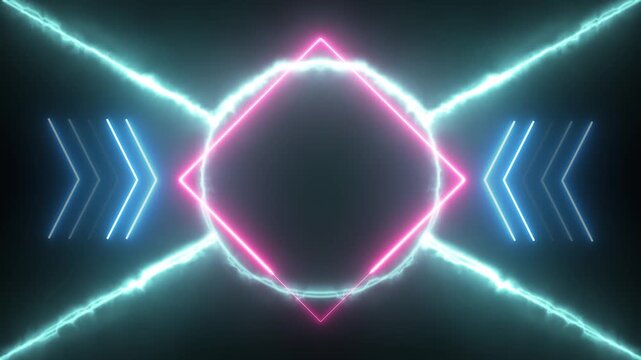 Glowing neon smoking line circle square frame surrounded by lines of neon blue smoke and Neon Flashing direction arrow indicators