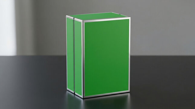 Minimalist green display container with metallic silver edges for luxury product storage and sleek industrial packaging design layout.