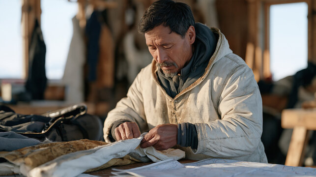 Inuit hunter carefully waterproofing and packing traditional cold-weather garments alongside modern thermal layers into a duffel bag, topo charts of frozen terrain spread across a