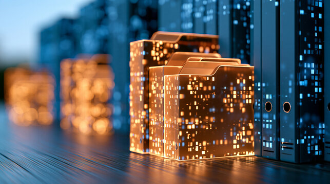 Enterprise content management concept featuring glowing orange folders surrounded by dark blue digital binders, secure file organization, records management, document archiving,
