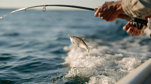 Low angle view of a hand trolling a fishing lure just below the glassy lake surface from a moving boat, water rush and bubbles, sport fishing action, freshwater angling gear,