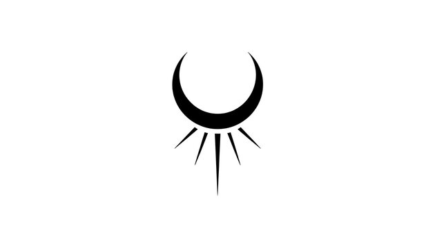 Minimalist black crescent moon icon with radiant glowing sun rays vector design graphic element