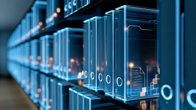 Enterprise e-discovery concept featuring a row of glowing digital binders on virtual shelves, legal document search, records management, compliance, secure archives, corporate