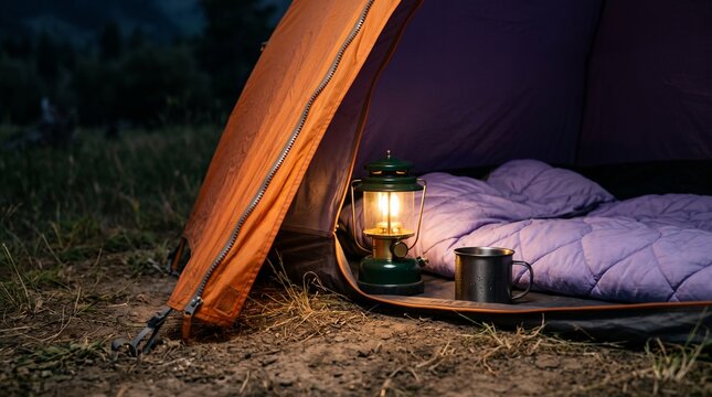 Warm lantern light inside an orange camping tent