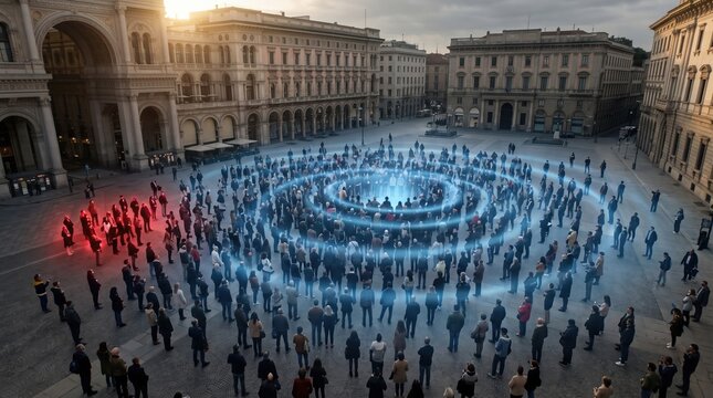 Large crowd gathered in historic city square with protective blue digital overlay. People standing in concentric circular zones outdoors in European urban plaza during daylight.