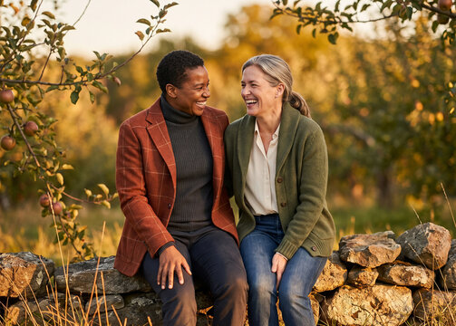Friends share a laugh at the orchard edge