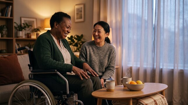 Laughter over tea between neighbors at home