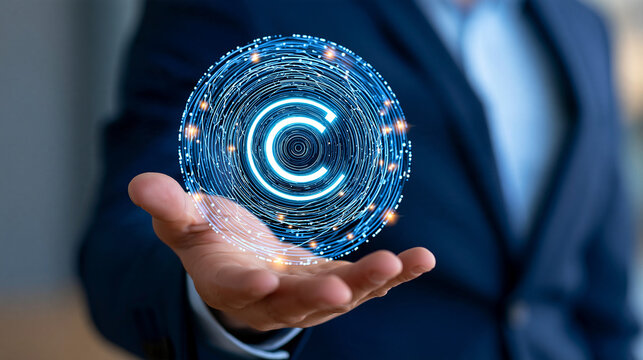 Business professional holding glowing copyright symbol representing intellectual property protection, digital rights management, content ownership, copyright monitoring, legal