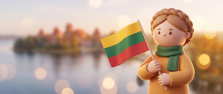 3D illustration of a cute cartoon girl holding the flag of Lithuania against a blurred Trakai castle background