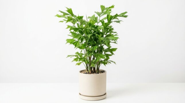 Potted green fishtail palm plant in a ceramic pot