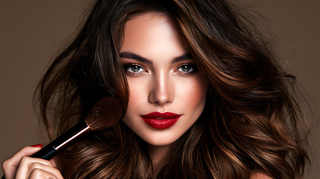 Beautiful young woman with makeup brush; natural makeup for brunette with red lips; beautiful face; applying makeup.