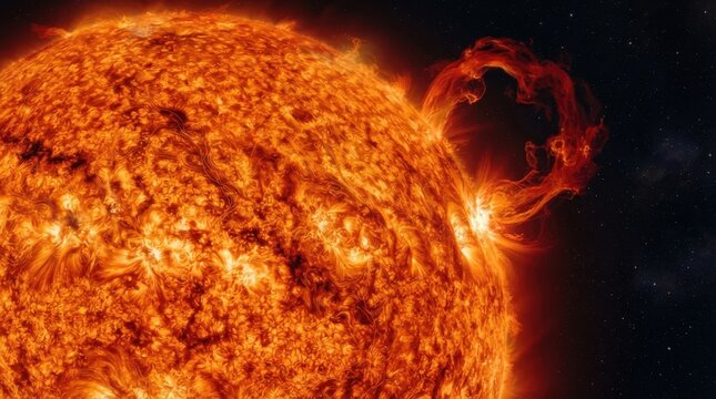 Solar flare erupting from the surface of the sun in deep space