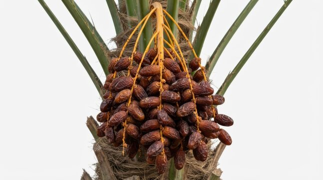 Date palm tree branch laden with ripe brown date fruits