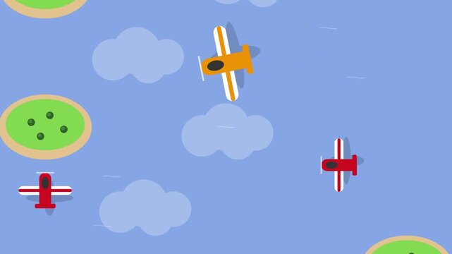Flat Design Aviation Animation Featuring Cartoon Airplanes Flying Over Small Green Tropical Islands To Promote Travel And Tourism Projects Concept