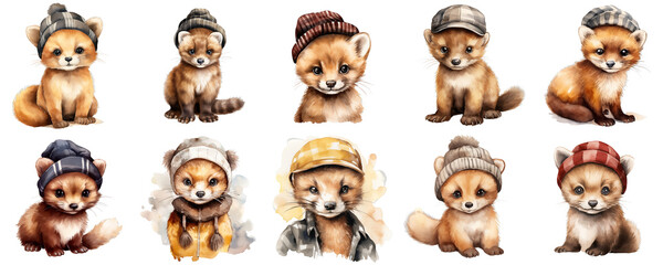 Fototapeta premium Collection of adorable marten cubs wearing various hats on a black background