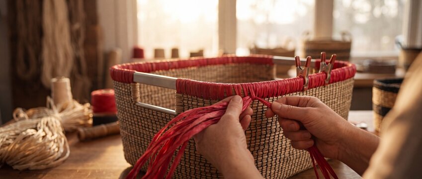 Hands of artisan weaving red raffia fibers into rim of traditional rectangular wicker basket during workshop in sunlit creative studio