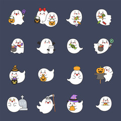 Obraz premium Cute Ghost Character Halloween Icon Set With Witch And Scarecrow