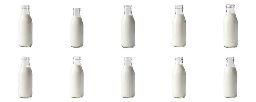 Rows of milk bottles on a black backdrop create a repetitive, simple pattern