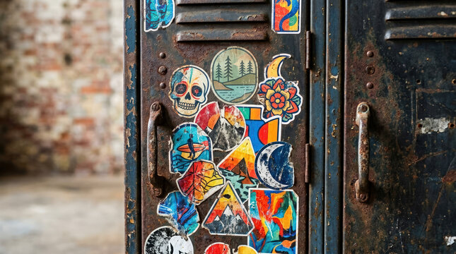 Close up of vintage rusted metal locker decorated with colorful stickers. Weathered school locker door with skull and nature decals