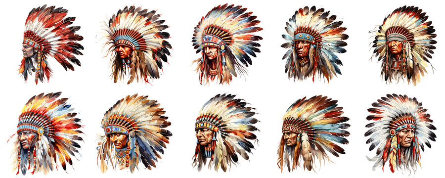 Various native american chiefs wearing traditional feathered headdresses, set on a black background