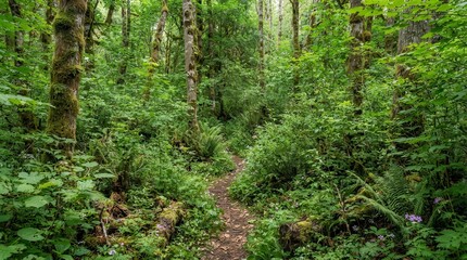 Fototapeta premium Narrow dirt path winding through a lush green temperate rainforest