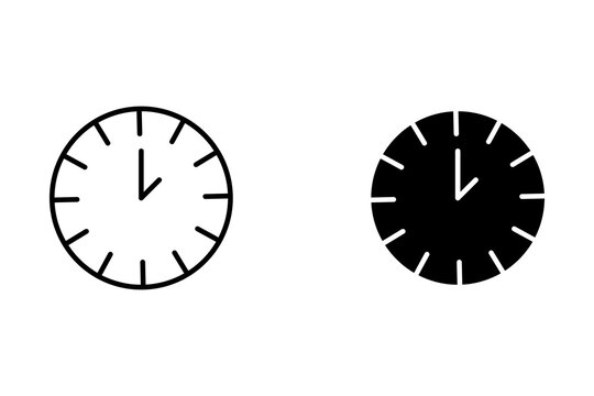 Black and white clock icon set showing time as a simple flat vector graphic illustration