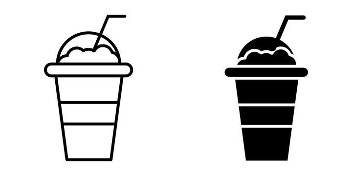 Black and white ice coffee or smoothie cup icons with straw