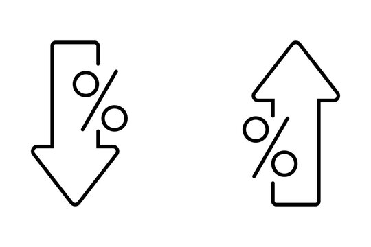 Black outline icons of arrows with percent signs representing increase and decrease of rates