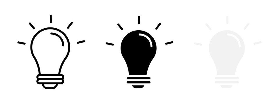 Set of three light bulb icons representing idea and innovation in black and white styles