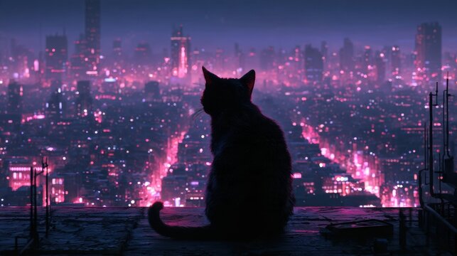 A cat sits on a rooftop at night, looking over a city filled with neon lights and signs. The scene is backlit in pink and purple.