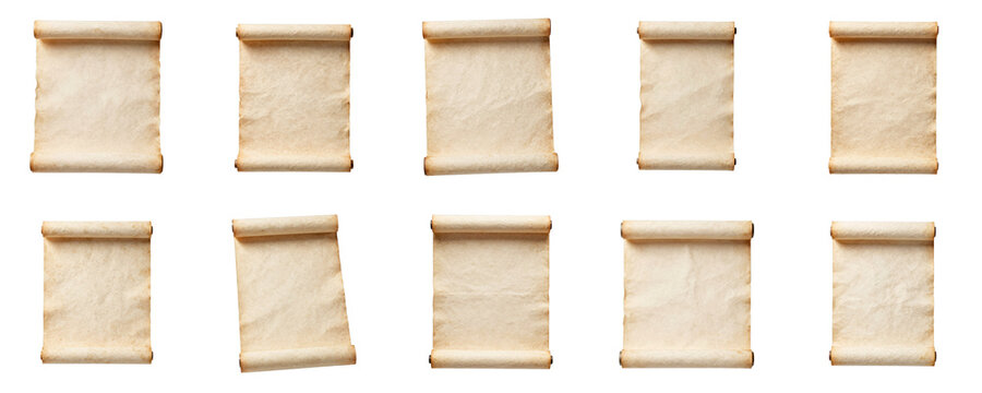 Set of ten different aged parchment scrolls on black background for design elements