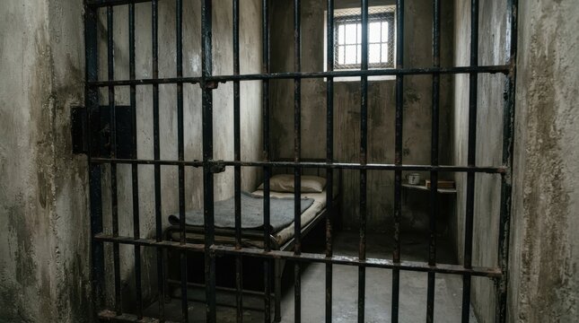 Old prison cell with metal bars and single bed