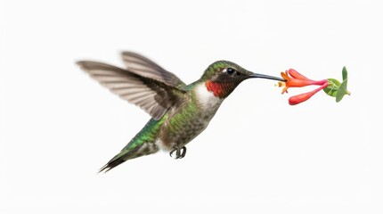 Obraz premium Ruby-throated hummingbird hovering while feeding on flower
