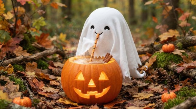 Cute ghost drinking from carved pumpkin in autumn forest