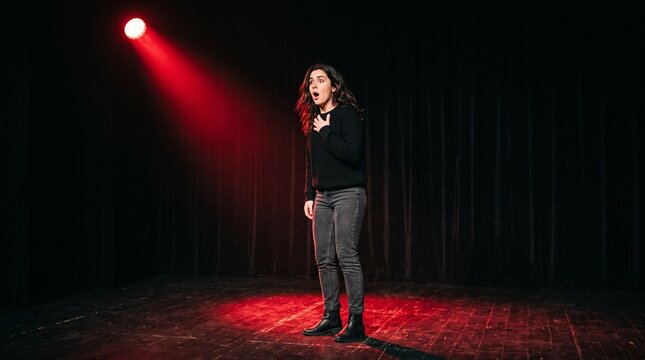 Young Woman Performing on Stage Under Dramatic Red Spotlight Expressing Shock and Surprise