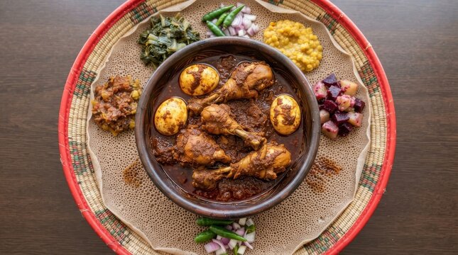 Traditional Ethiopian doro wat stew served with injera bread and side dishes