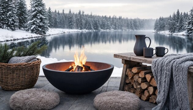 Cozy winter outdoor fire pit scene by a peaceful snowy lake with rustic wood pile and warm blankets